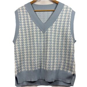 Houndstooth Baby Blue White Sweater Vest Cotton Viscose Preppy Sporty Old School